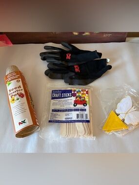Gardening goodies plant labels gloves sticks seed starter pots